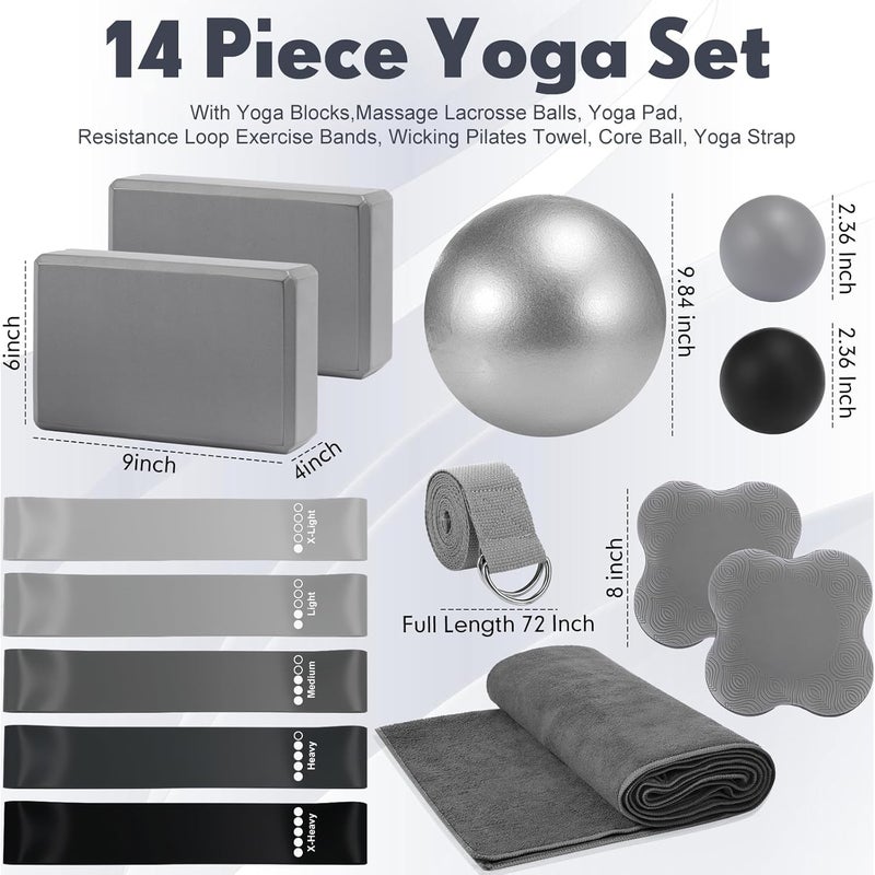 Simgoing 14 Pcs Yoga Kits for Home Workouts Pilates Equipment Set for Women Beginners Include Hot Yoga Towel Blocks Strap, Knee Pad, Resistance Loop Exercise Band, Massage Lacrosse Ball, Pilates Ball - Image 2